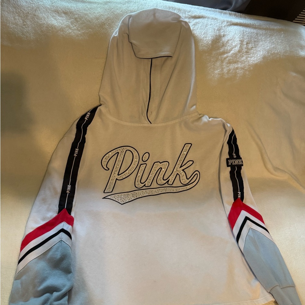 PINK Victoria's Secret White Hoodie with Red and Blue Accents